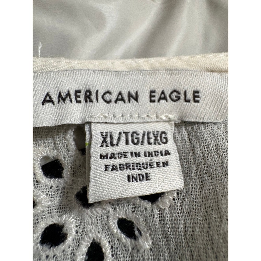 American Eagle White Eyelet Floral V-Neck Peplum Blouse XL Long Sleeve Boho Top